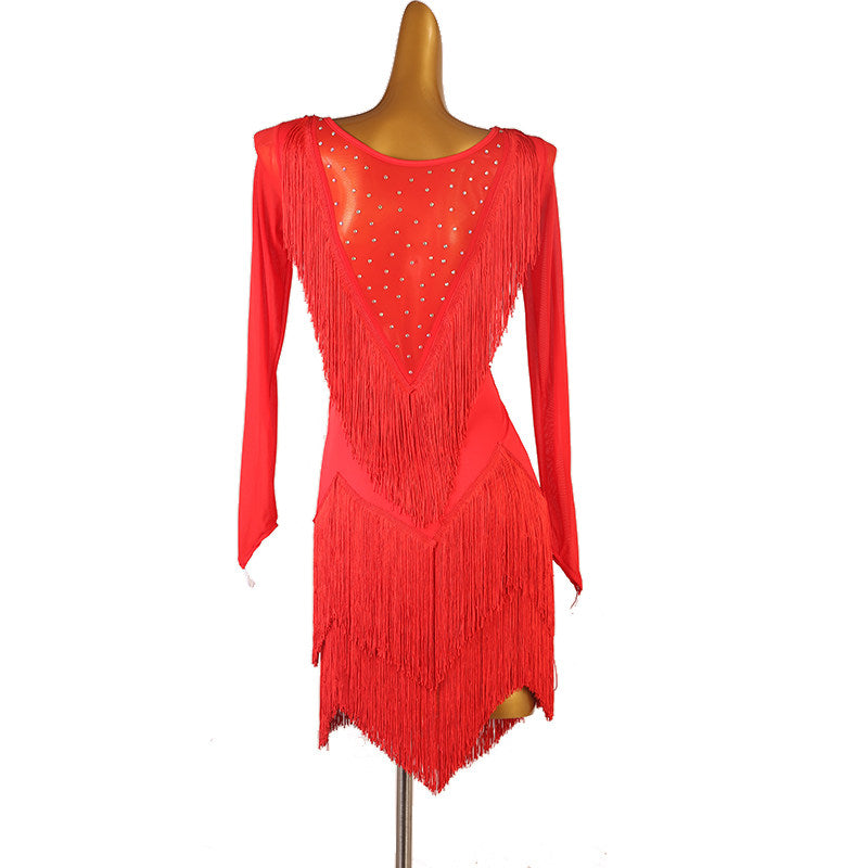 Red layered fringe latin dance dress rear view with the open back