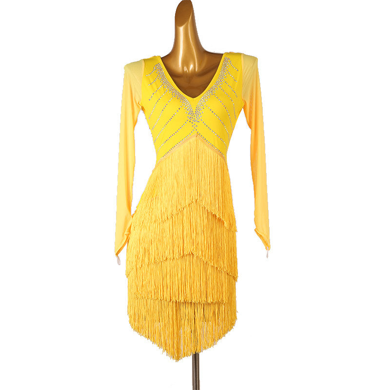 Yellow latin dance dress with layered fringe and crystal set yoke