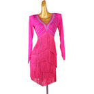 Rose red latin dance dress with four fringe layers and crystal V yoke