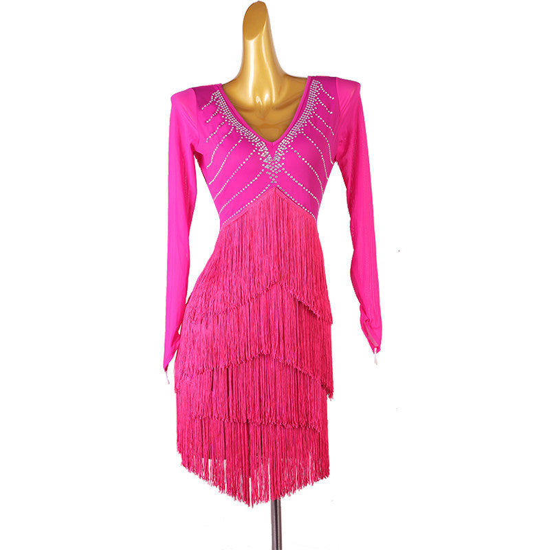 Rose red latin dance dress with four fringe layers and crystal V yoke