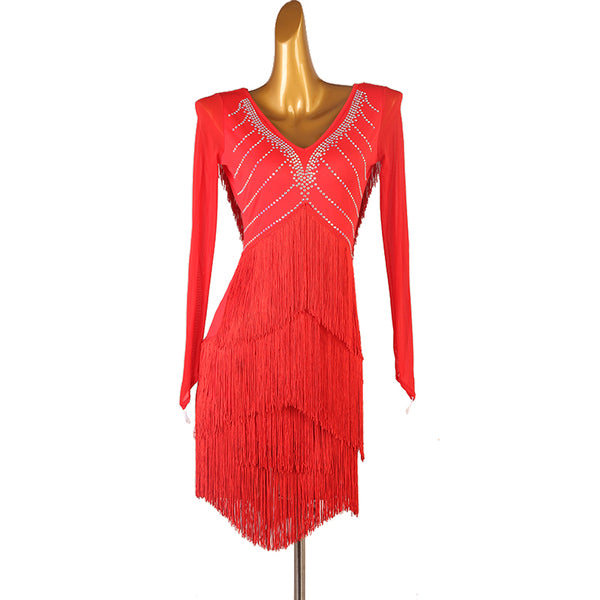 Red layered fringe latin dance dress side view showing the sleeve