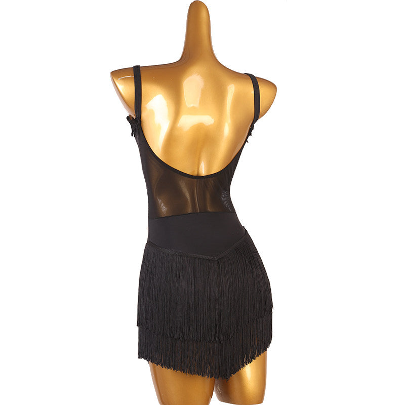 Black lace trim latin dance dress rear view showing the deep open back