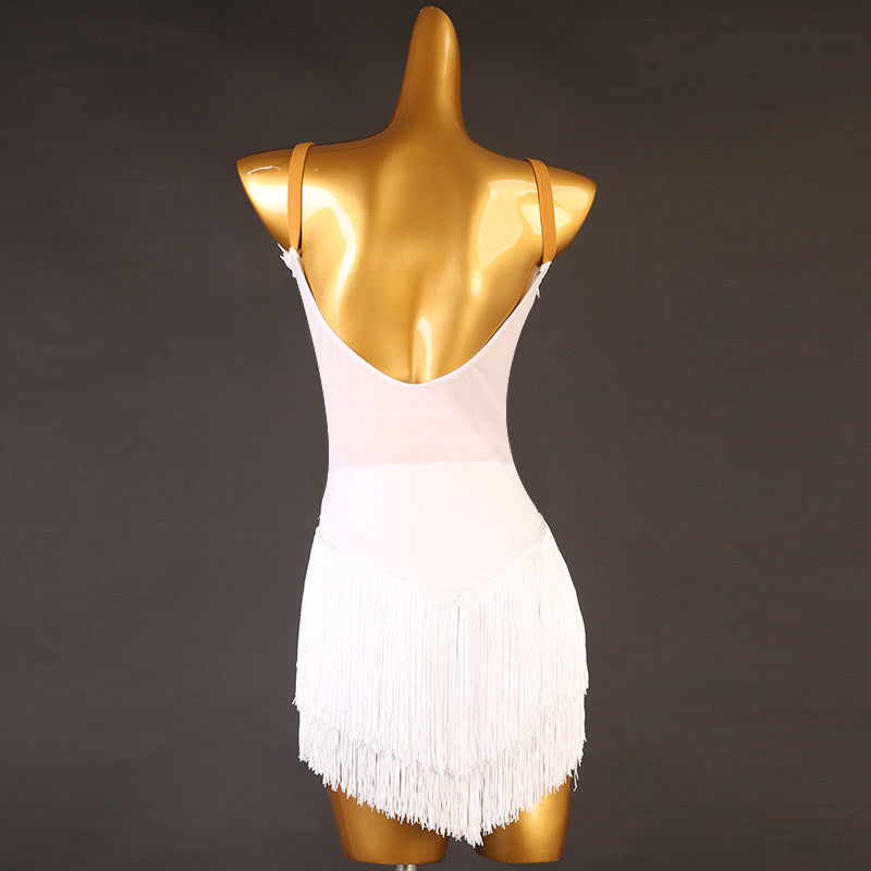 White lace trim latin dance dress rear view with the mesh waist panel