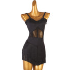 Black lace trim latin dance dress angled view showing the fringe wrap