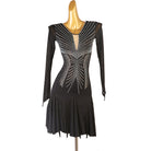 Black latin dance dress with curved crystal wing motif and plunge neckline