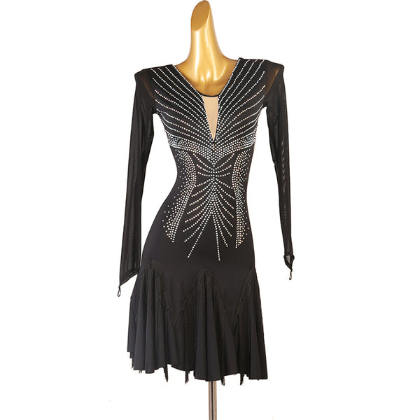 Black latin dance dress with curved crystal wing motif and plunge neckline