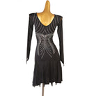 Black crystal motif latin dance dress angled view showing the pleated skirt