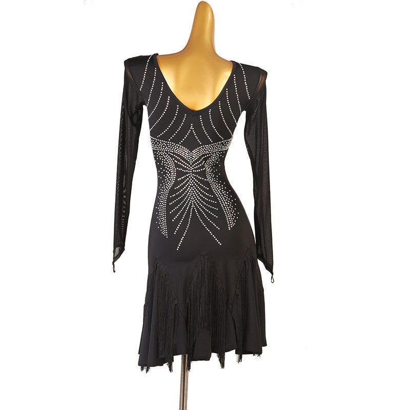 Black crystal motif latin dance dress angled view showing the pleated skirt