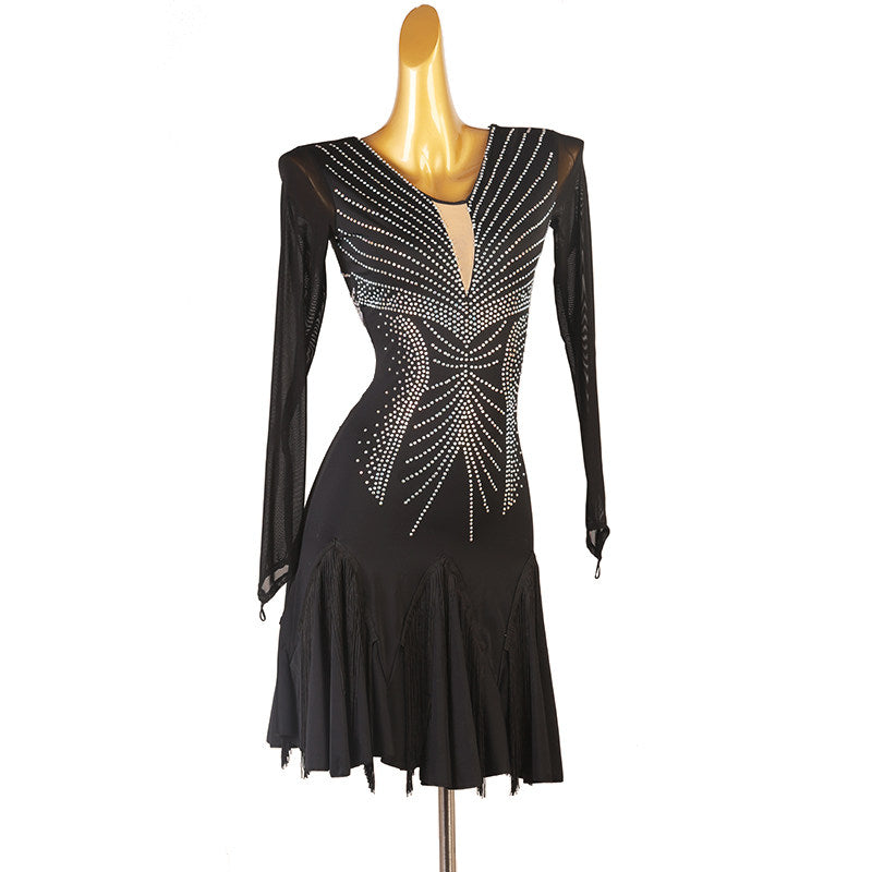 Black crystal motif latin dance dress rear view with the low back