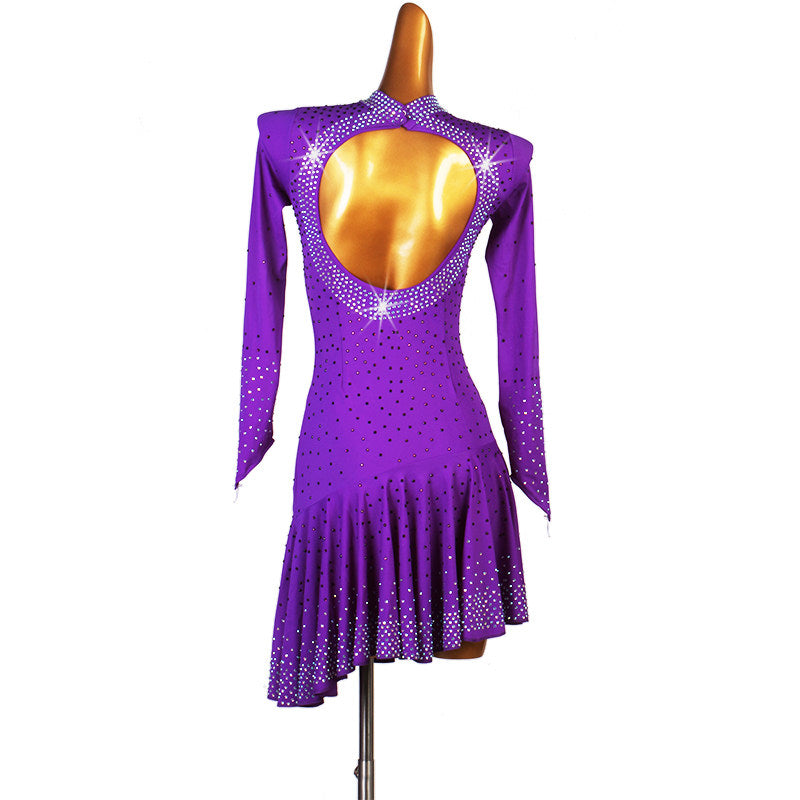 Purple stone scatter latin dance dress rear view showing the keyhole back