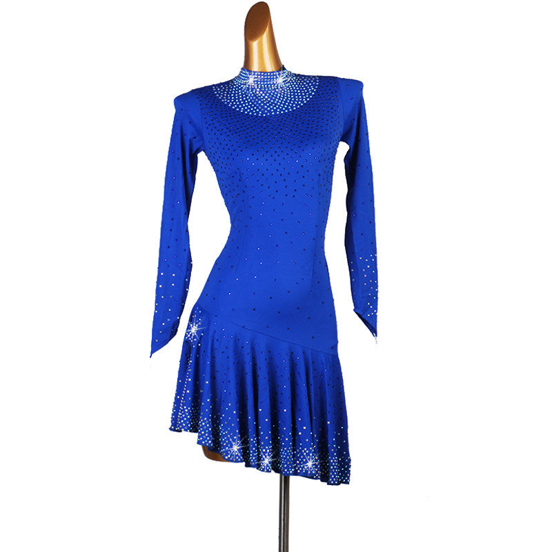 Blue latin dance dress with all over stone scatter and petal cut hem