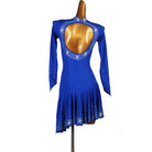 Blue stone scatter latin dance dress rear view with the round keyhole