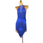 Blue fringe latin dance dress front view showing the chest fringe panel