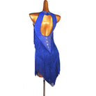 Blue fringe latin dance dress rear view with the teardrop open back