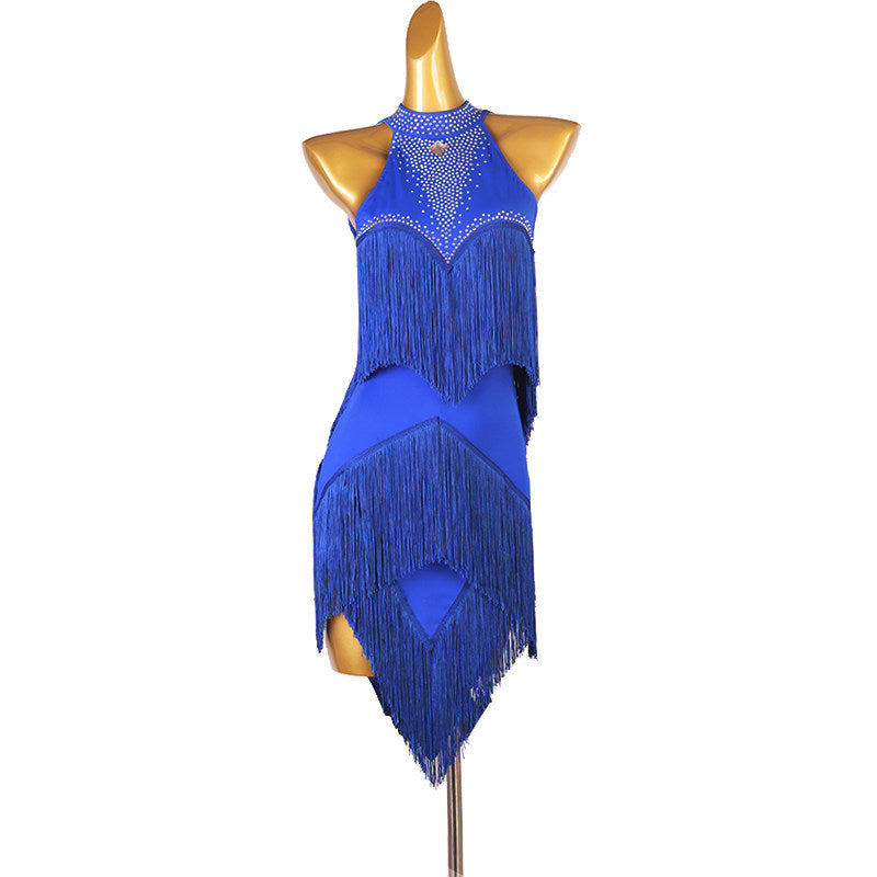 Blue fringe latin dance dress side view showing the asymmetric point