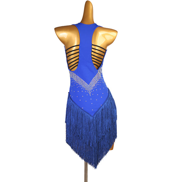 Blue latin dance dress with stone set V waist panel and fringe skirt