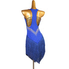 Blue ladder back latin dance dress angled view with the stone panel
