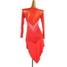 Red chevron stone latin dance dress rear view showing the open back