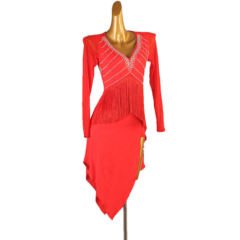 Red chevron stone latin dance dress angled view with the fringe falling