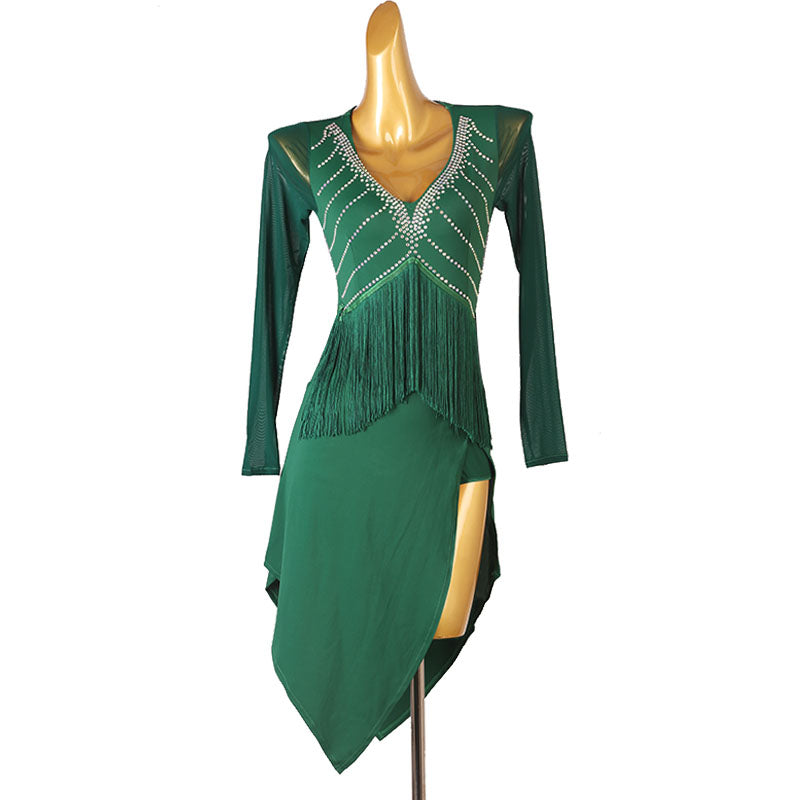 Green latin dance dress with stone chevrons and pointed fringe hem