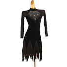 Black latin dance dress with hanging stone drops at the collar and fringe hem