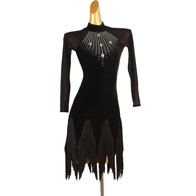 Black latin dance dress with hanging stone drops at the collar and fringe hem