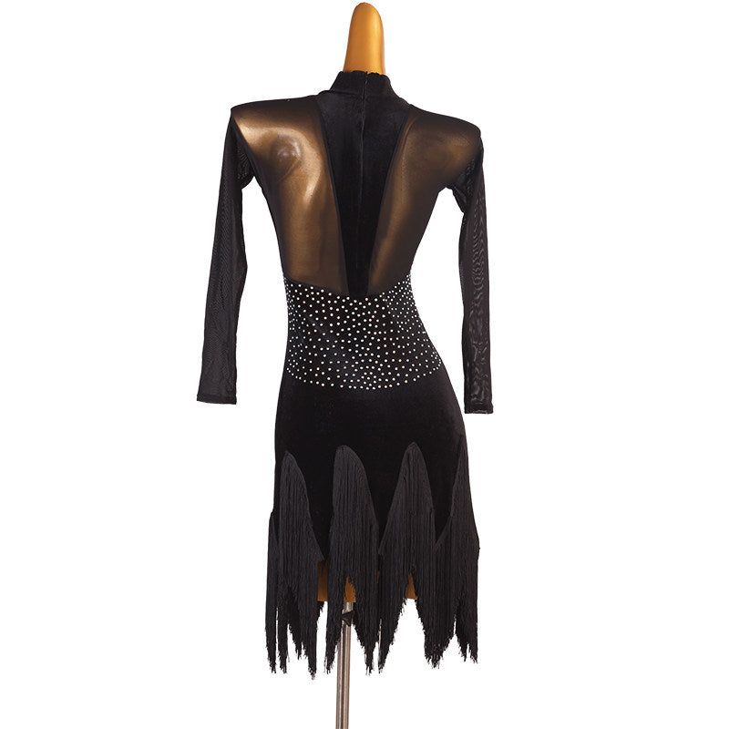 Black stone drop latin dance dress rear view showing the sheer mesh back