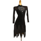 Black stone drop latin dance dress angled view with the ragged hem