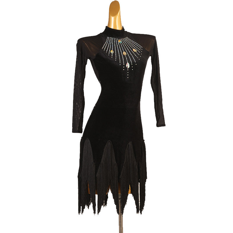 Black stone drop latin dance dress angled view with the ragged hem