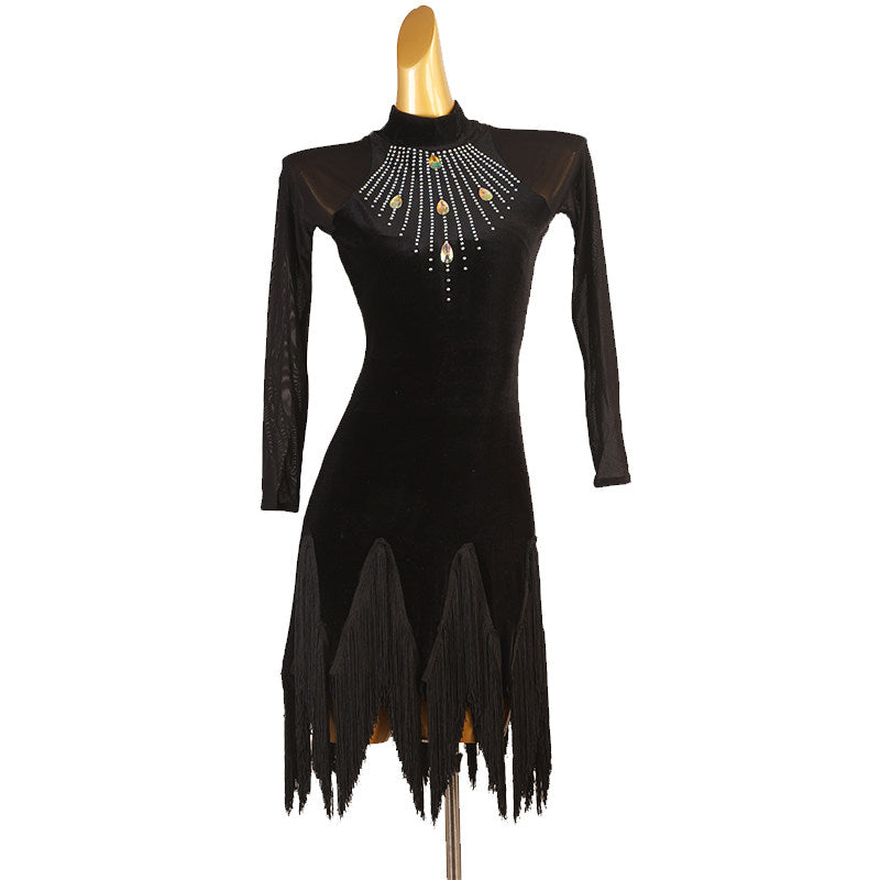 Black stone drop latin dance dress side view showing the mesh sleeve