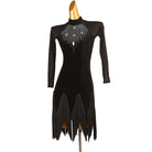 Black stone drop latin dance dress front view with the hem teeth apart
