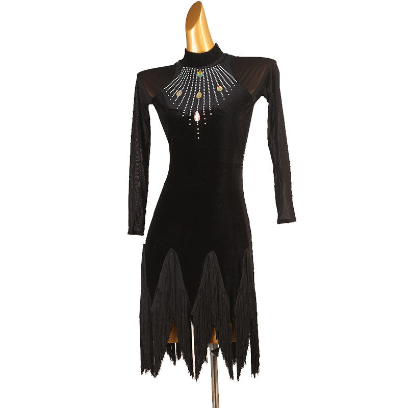 Black stone drop latin dance dress front view with the hem teeth apart