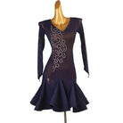 Navy latin dance dress with stone scroll motif on a sheer mesh body