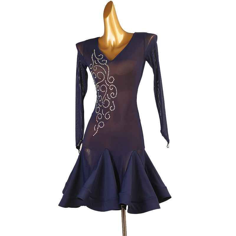 Navy stone scroll latin dance dress angled view showing the mermaid hem
