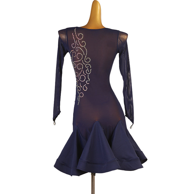 Navy stone scroll latin dance dress rear view with the sheer back