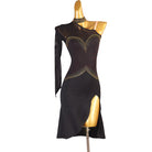 Black latin dance dress with gold studded sweetheart bust on sheer mesh