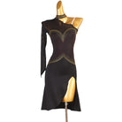 Black gold stud latin dance dress angled view with the high front split