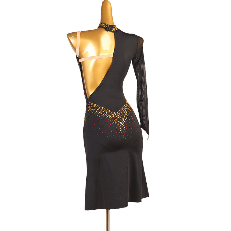Black gold stud latin dance dress side view showing the stoned collar