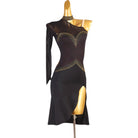 Black gold stud latin dance dress front view with the mesh sleeve