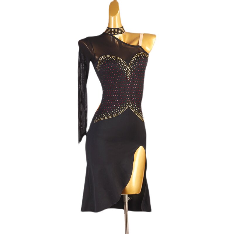 Black gold stud latin dance dress front view with the mesh sleeve