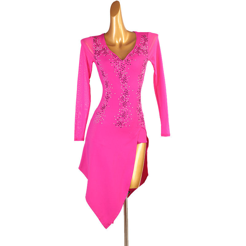 Rose pink latin dance dress with stone spray down the centre front