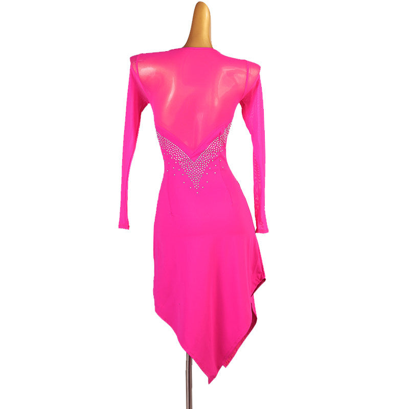 Rose pink latin dance dress rear view showing the sheer mesh back