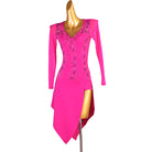 Rose pink latin dance dress angled view with the pointed split hem