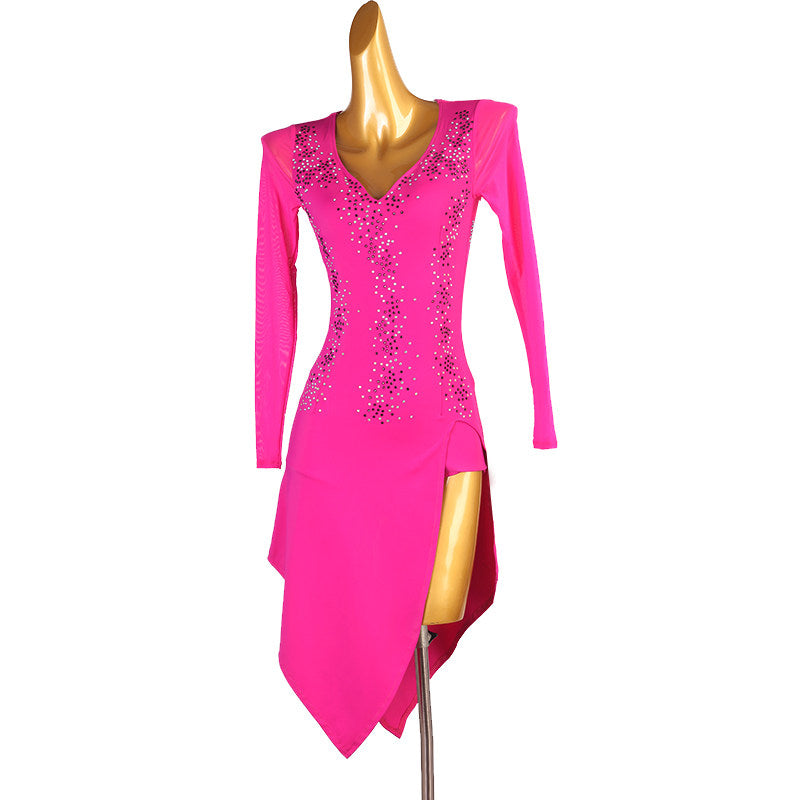 Rose pink latin dance dress angled view with the pointed split hem