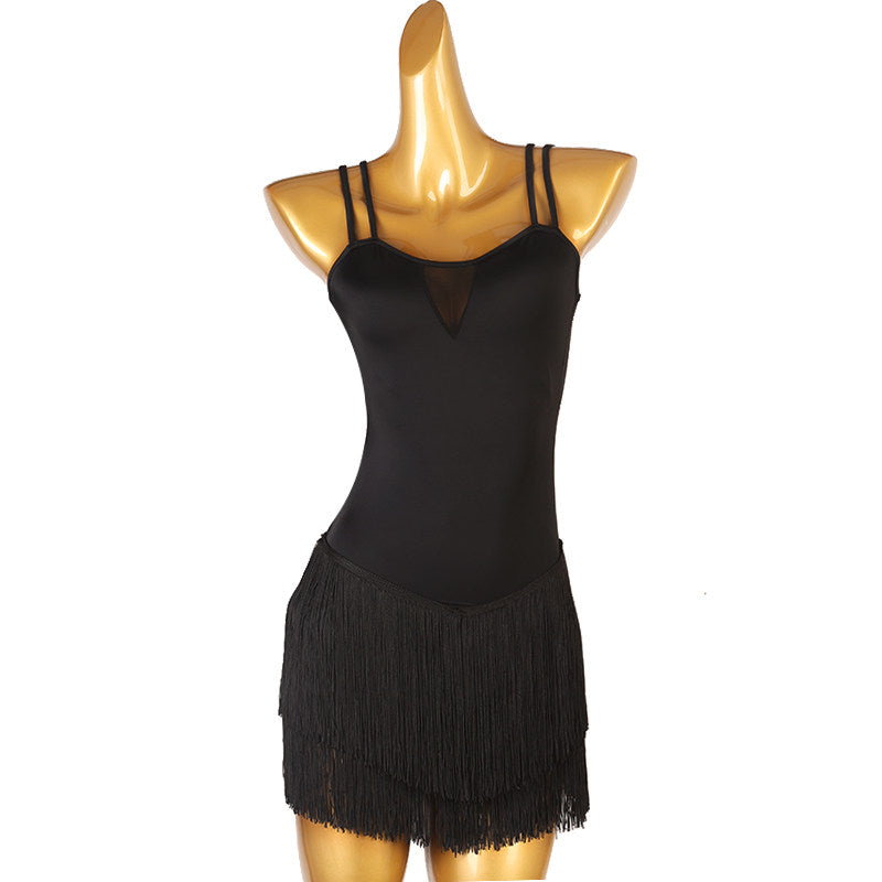Black double strap latin dance dress side view showing the fitted line