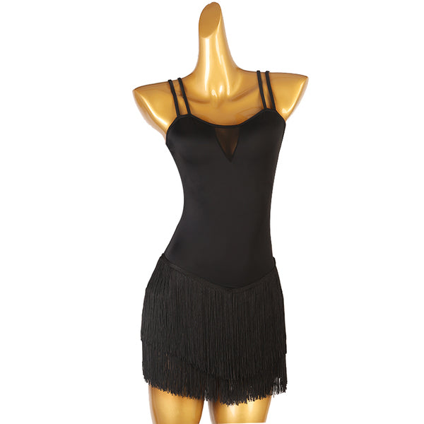 Black double strap latin dance dress front view with the fringe falling