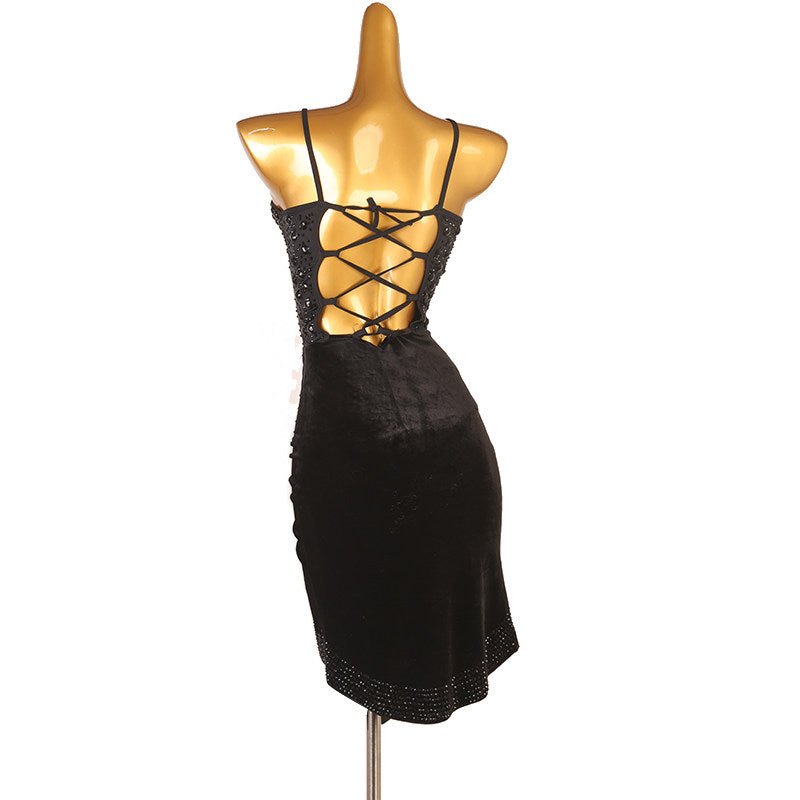 Black ruched wrap latin dance dress rear view showing the corset lacing