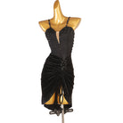 Black ruched wrap latin dance dress angled view with the gathered hip