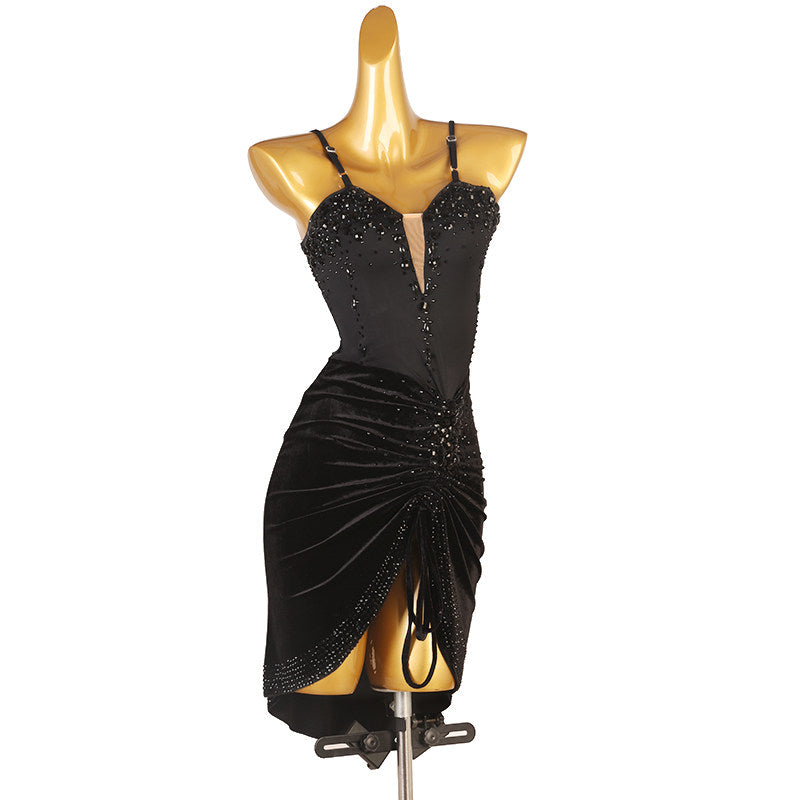 Black ruched wrap latin dance dress front view with the stone spread