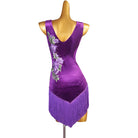 Purple velvet bloom latin dance dress angled view showing the vine